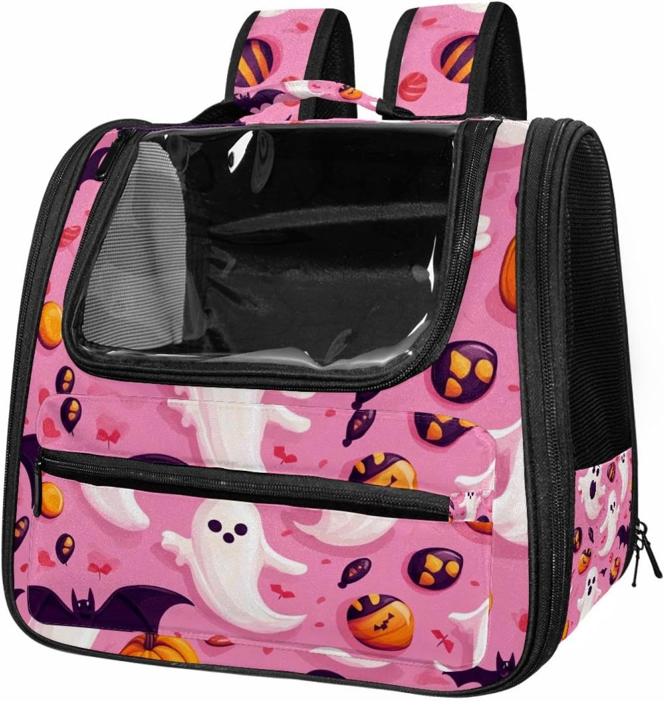 Portable Travel pet Backpack Carrier Hamster Bag Small Dog cat Carrier Breathable Hang Bag, Halloween Bats Candies Pumpkins