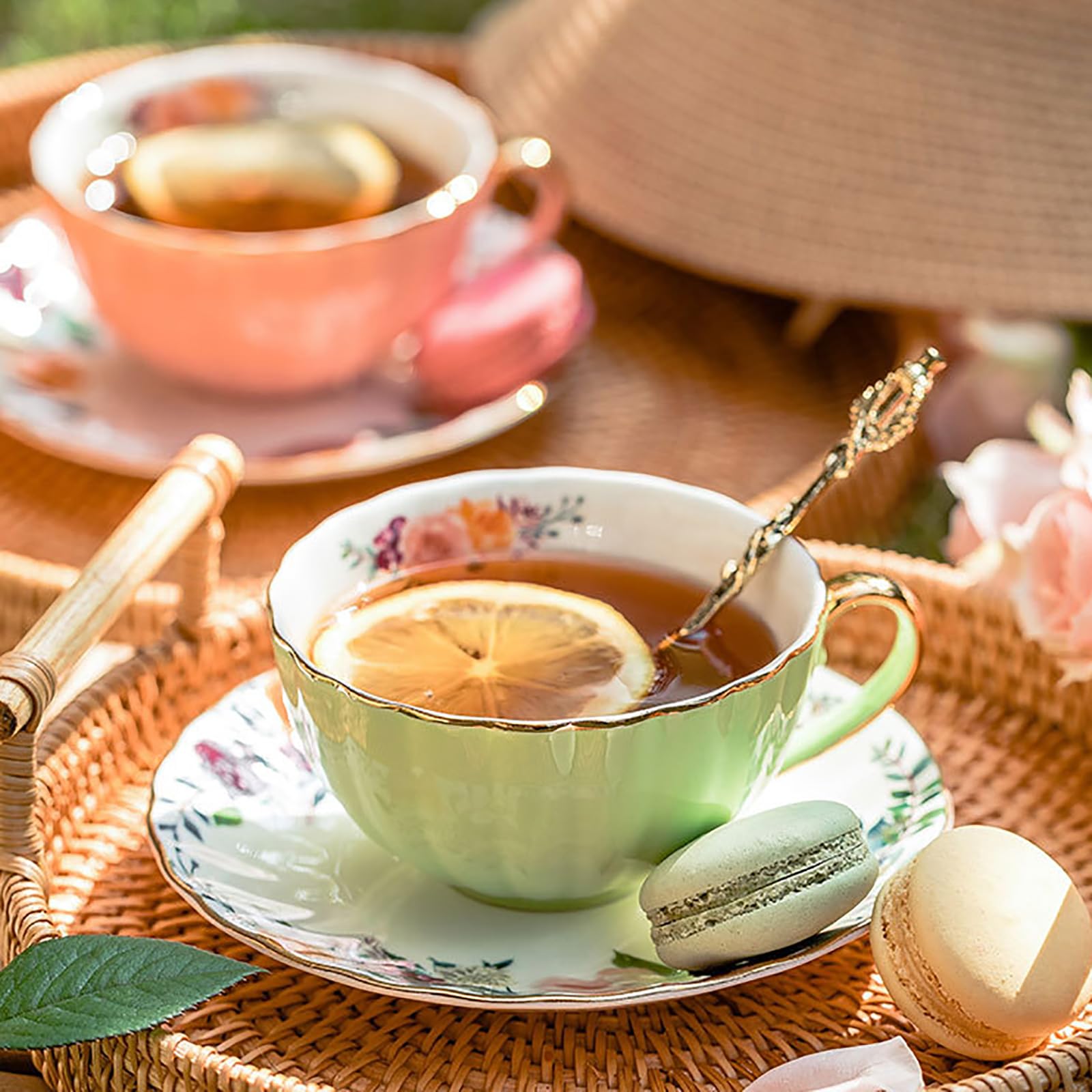 Juego de Tazas y platillos de té de Porcelana China de 2,200 ml,Taza de café con diseño Floral,Taza de café con Leche y Capuchino,Taza de té de Porcelana con platillos y Cuchara, A