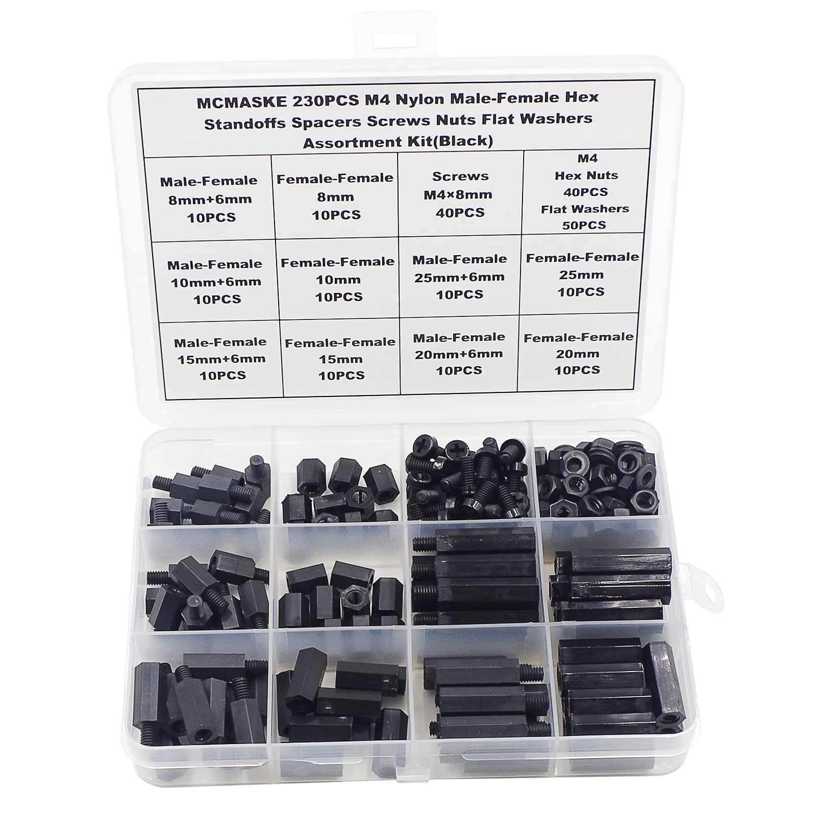 MCMASKE M4 Nylon Male-Female Hex Standoffs Spacers Screws Nuts Flat Washers Assortment Kit (Black)