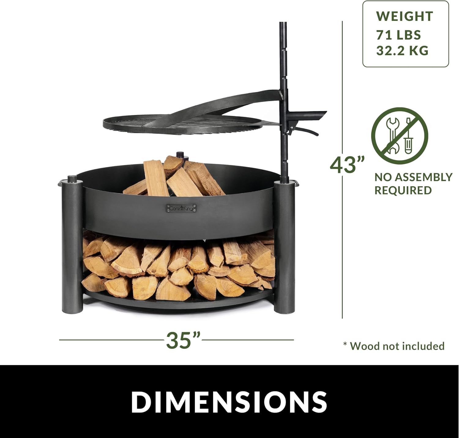 Grand Hearth 32" Cooking Fire Pit, Standard Grill Set, Wood Burning Backyard BBQ Grilling Campfire, Handcrafted, Large Outdoor Steel Firepit by Good Directions