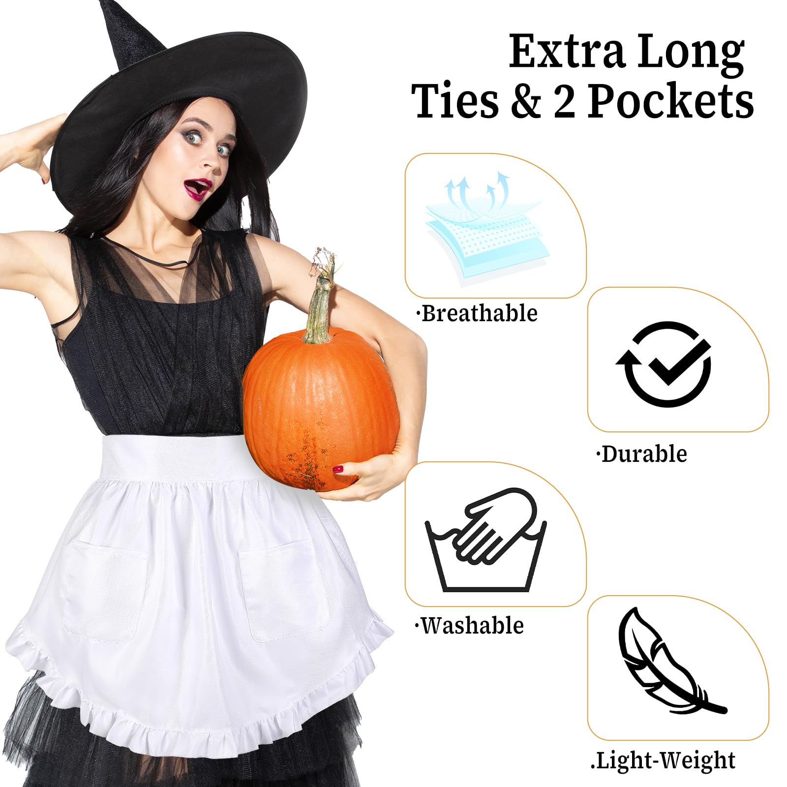 Lusofie Waist Apron with 2 Pockets,White Apron Half Waitress Aprons Adult Frilly Maid Aprons - Image 3