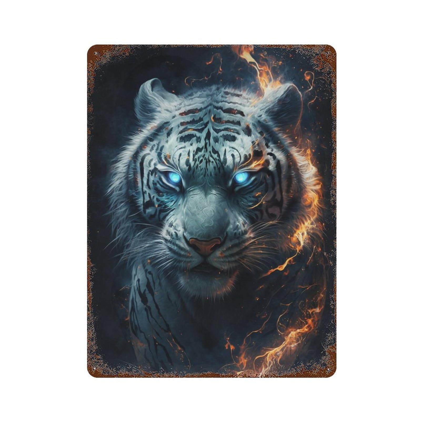 Garage Style Flaming White Tiger Art Print Rusty Metal Tin Sign 15.7"x11.8", Novelty Wall Decor for Bar And Workshop