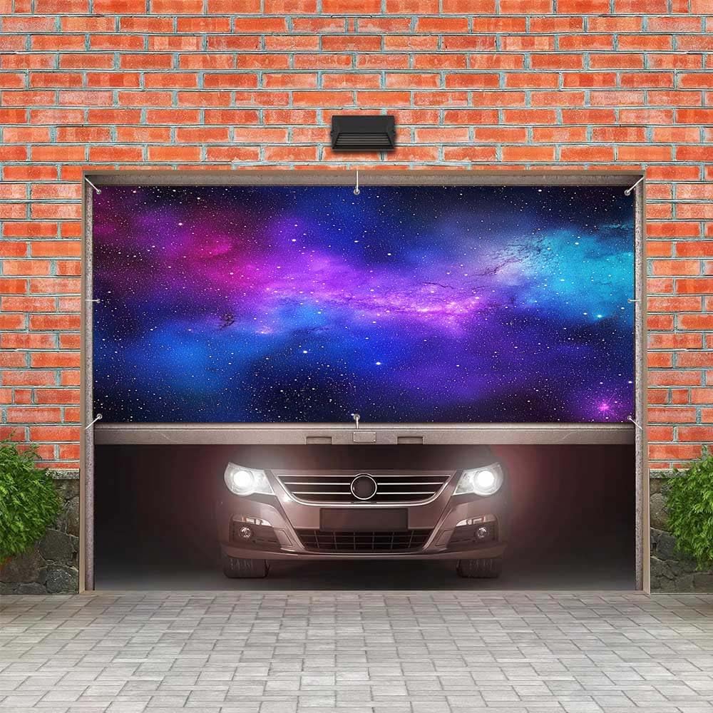 16X7ft Starry Night Garage Door Decorations Purple Blue Glitter Galaxy Garage Door Cover Mysterious Nebula Space Blue Night Starry Sky Stars Universe Wedding Baby Shower Wedding Birthday Party Decor