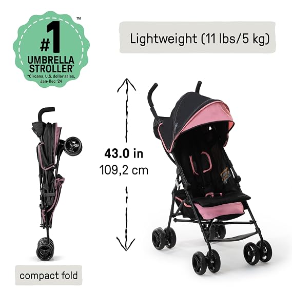 Ingenuity 3D Mini Convenience Stroller Lightweight Stroller with Compact Fold, Multi-Position Recline, Canopy with Pop Out Sun Visor and More Umbrella Stroller for Travel, Pink