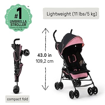 Ingenuity 3D Mini Convenience Stroller Lightweight Stroller with Compact Fold, Multi-Position Recline, Canopy with Pop Out Sun Visor and More Umbrella Stroller for Travel, Pink