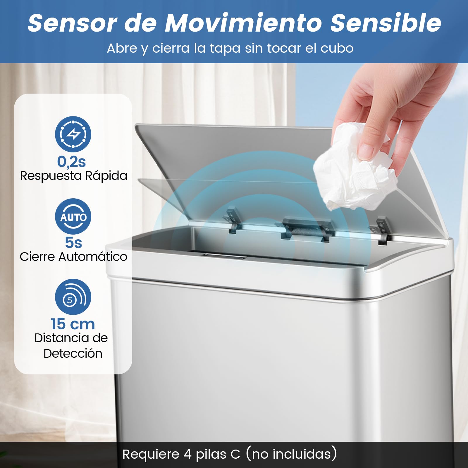 COSTWAY Cubo de Basura Automático 56L, Papelera Cocina de Reciclaje Inteligente con 3 Compartimentos, Tapa Automática, 2 Cubos Extraíbles, Cubos Basura con Sensor de Acero Inox para Cocina (Plateado)