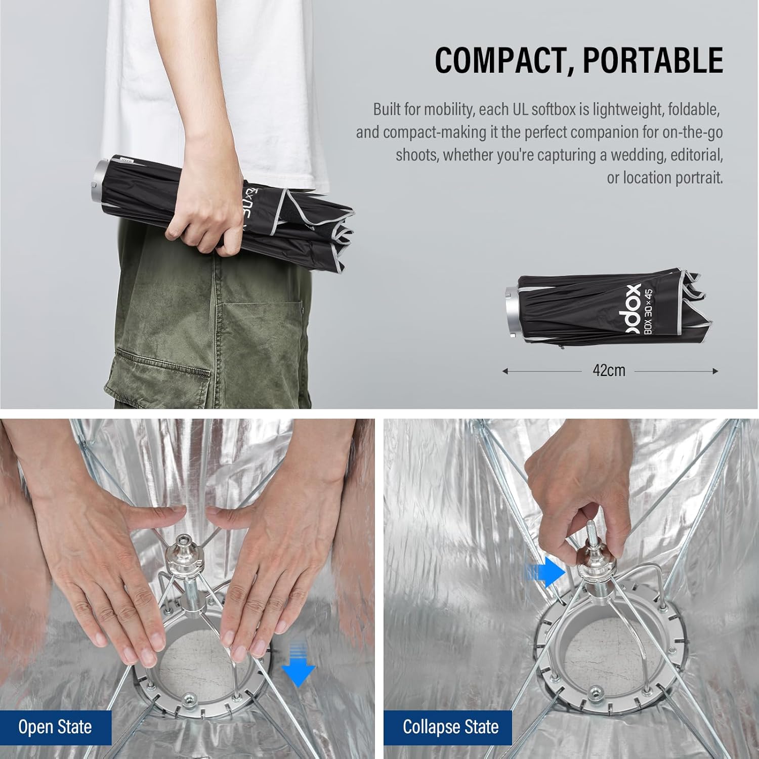 Godox Mini Softbox 30cm*45cm/ 11.8in*17.7in with Grid Diffuser Fast-Setup Bowens Mount Umbrella Softbox Compact Photography Lighting Softbox for Photography Continuous Light Monolight Strobe Flash