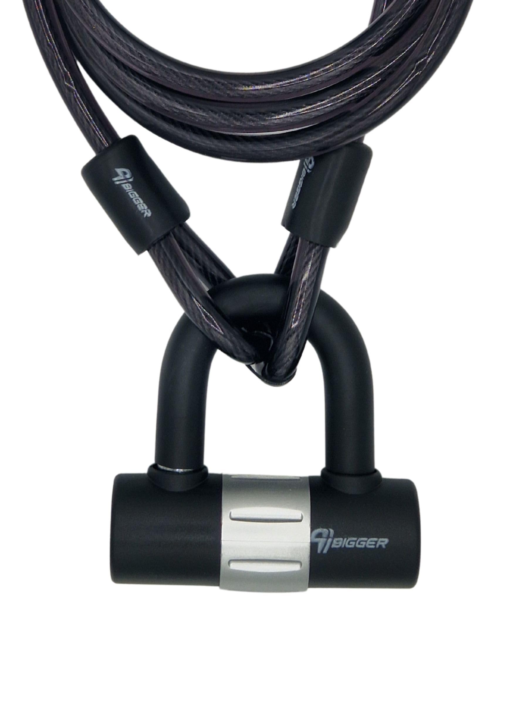 Bigger U Lock Mini 14 mm x 100 mm x 112 mm + Cable de Acero 10 mm x 1800 mm de Largo - Acero Resistente - Protección Plástica - 2 Llaves - Liviana Solo 850 grs - Negro con Detalles en Gris