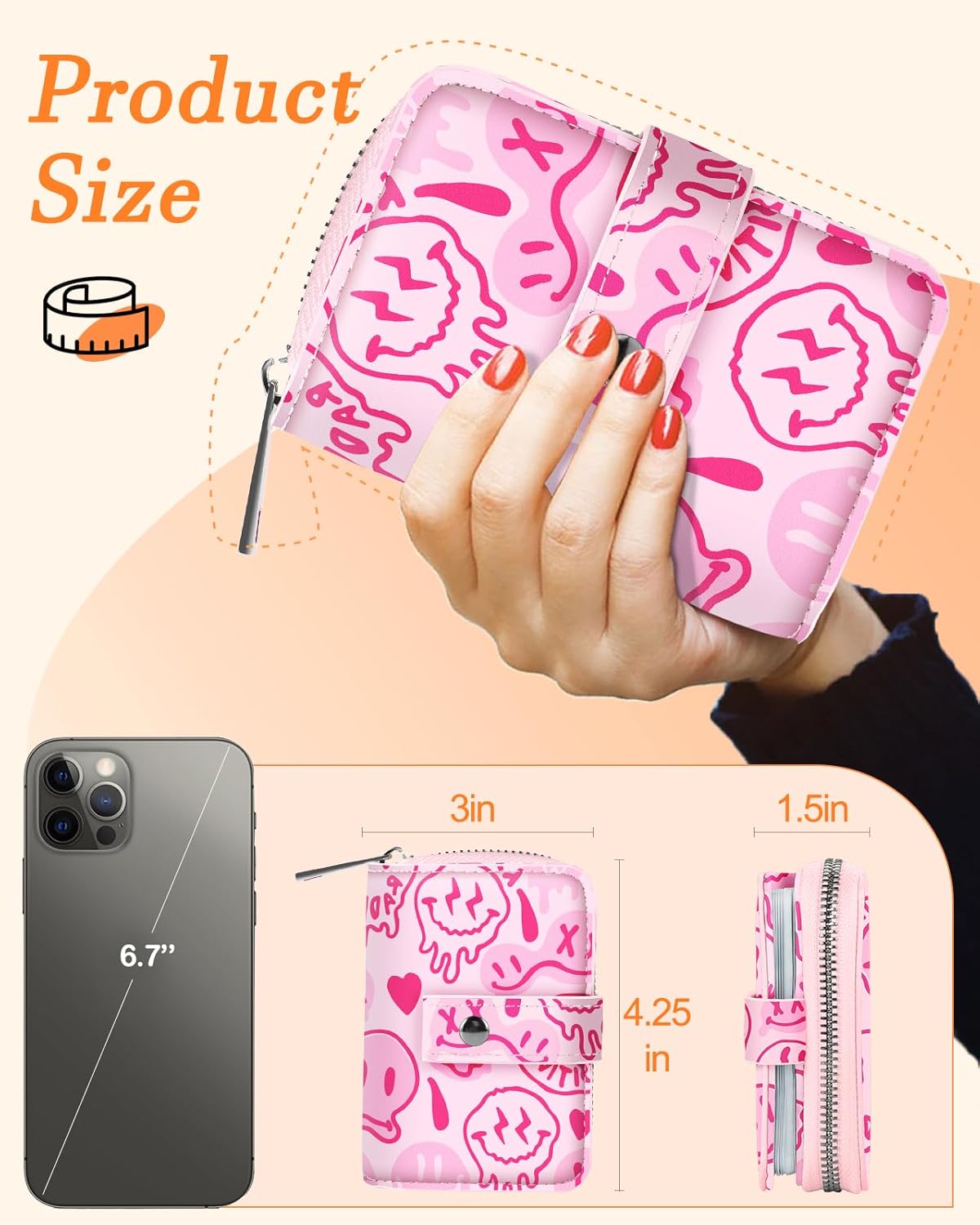 Bistup Credit Card Holder Wallet for Women Ladies Cute Small Teen Girls Female Rfid Leather Cardholder Wallets Organizer Purse Smile Girly Aesthetic Print Unique Zipper - Image 2