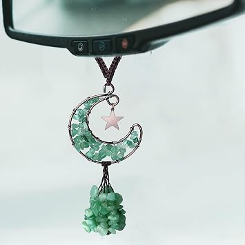 DUQGUHO Green Car Accessories - Aventurine Crystal Rear View Mirror Hanging Accessories - Moon Cute Hippie Boho Car Decor for Women & Men