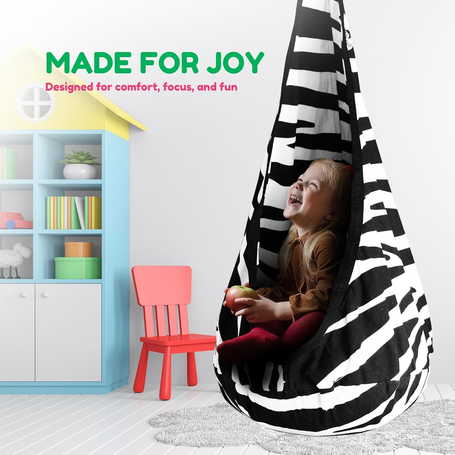 Calming Sensory Swing — Indoor Sensory Hammock for Kids & Adults, Supports up to 170 lb (77 kg), Double-Layer Canvas Fabric, Hanging Hardware Included, Black-White