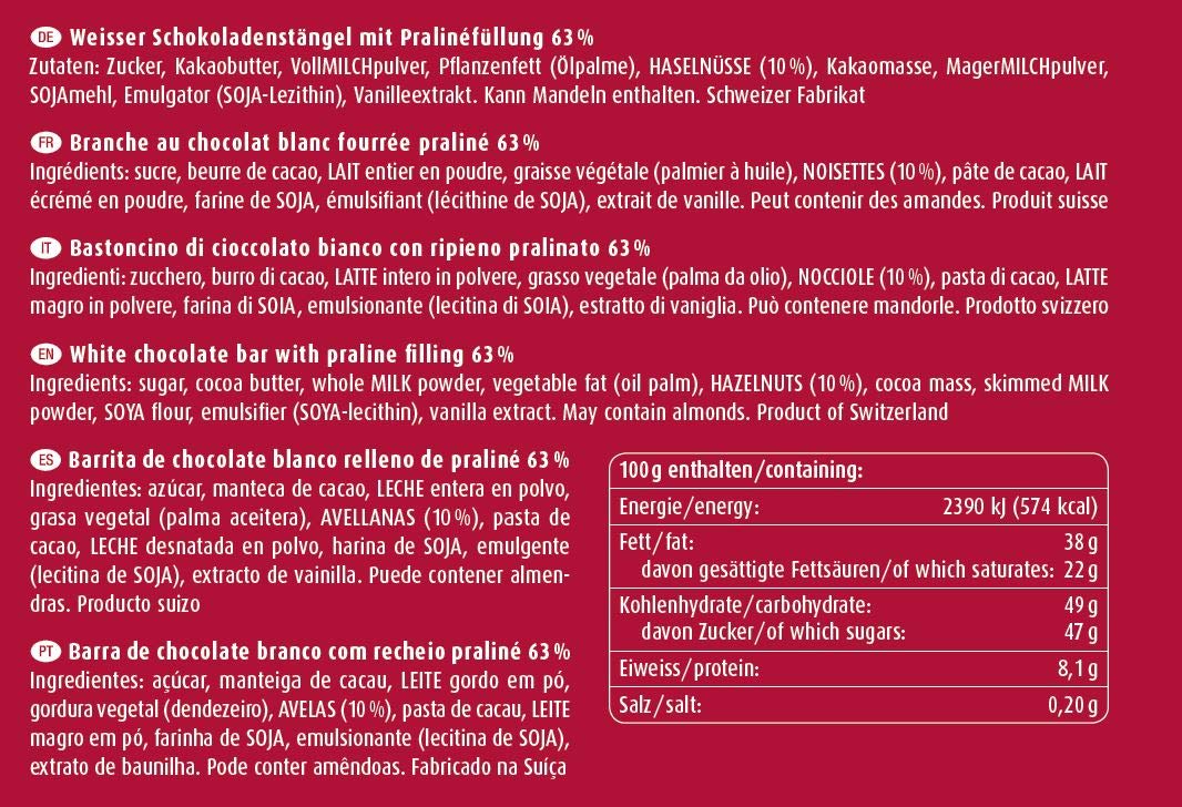 Munz Schweizer Prügeli (Branches) | Weiß | 40 Stück im Display - 1,84kg | glutenfrei, Schokoriegel, Munz Schweizer Schokolade, perfekter Pausensnack, ideal für Unterwegs