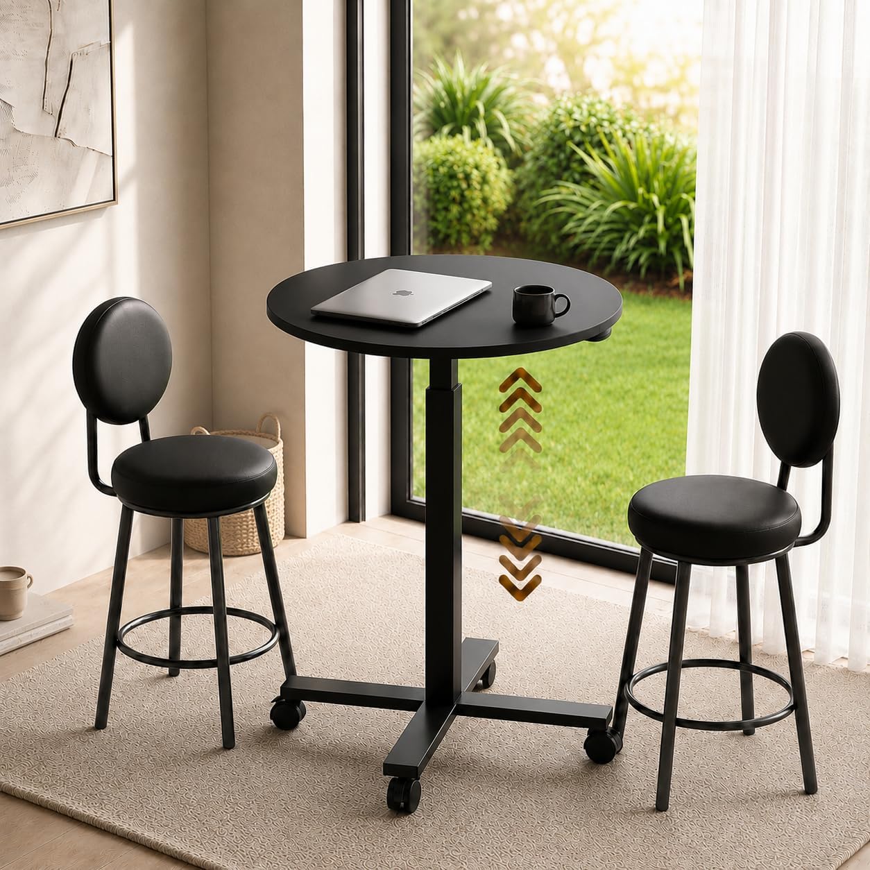 Adjustable Bar Table, 23.6" Round with Gas Spring Height Adjustment (28.3"-42.5"), Rolling Cocktail Table with Lockable Casters, Modern Bistro Table for Kitchen, Home Bar & Small Spaces