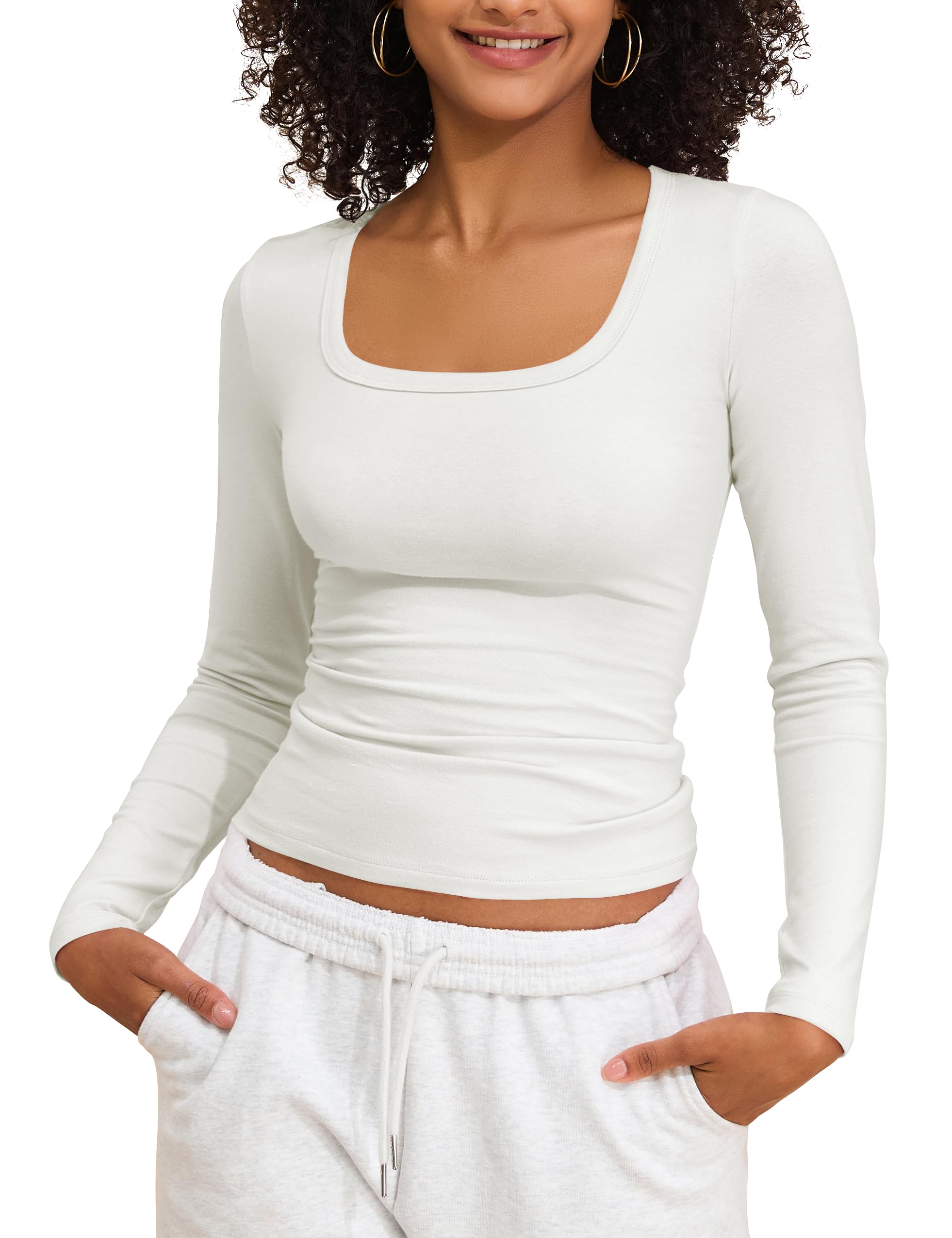 Womens Cotton Square Neck Tops Fitted Long Sleeve Going Out Top