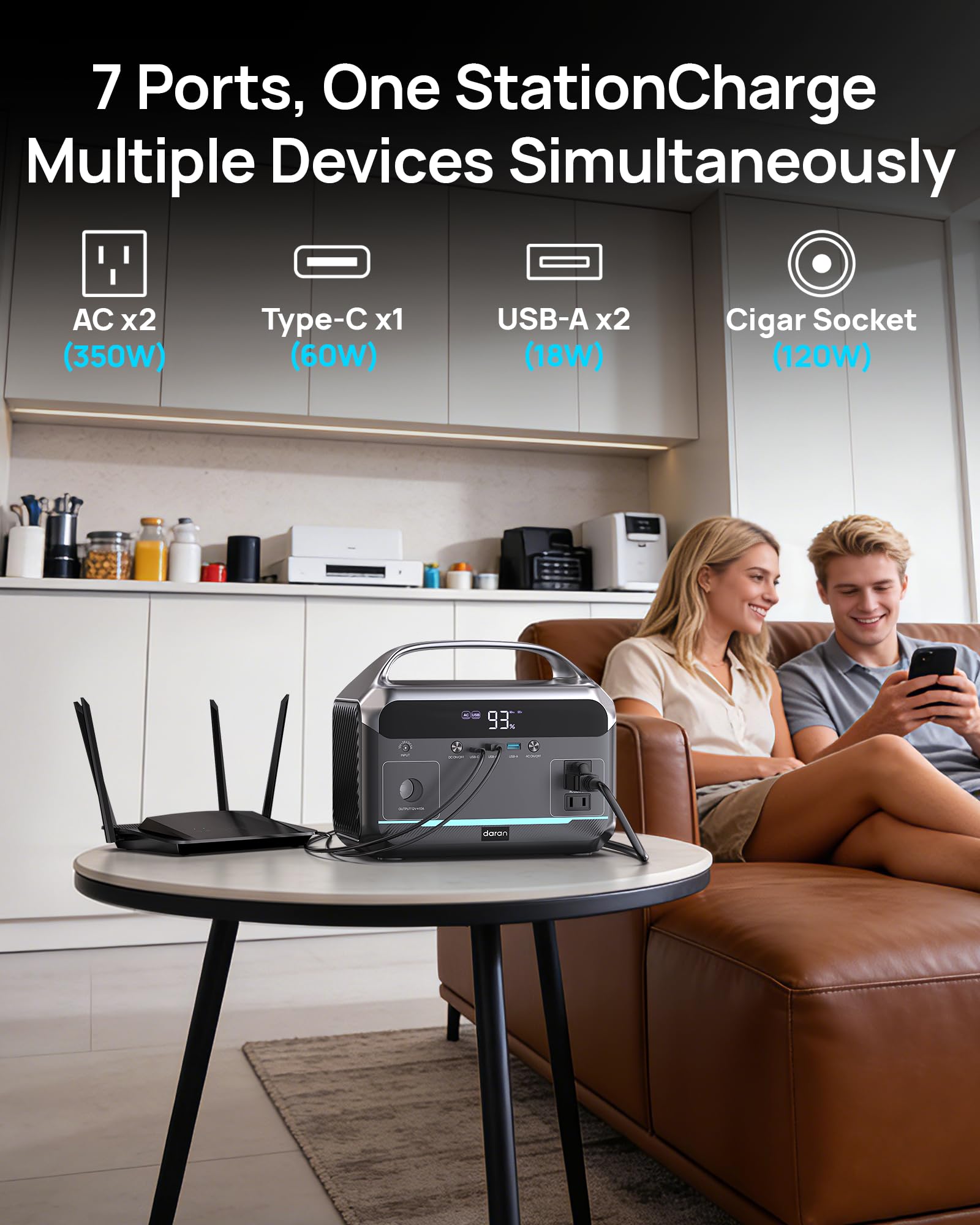 DARAN Portable Power Station with 60W Solar Panel Included, 288Wh LiFePO4 Battery, 350W (600W Peak), 7-Port Design, 2.1Hrs Fast Charing Solar Generators for Home, Outdoor Camping: Advanced Gray