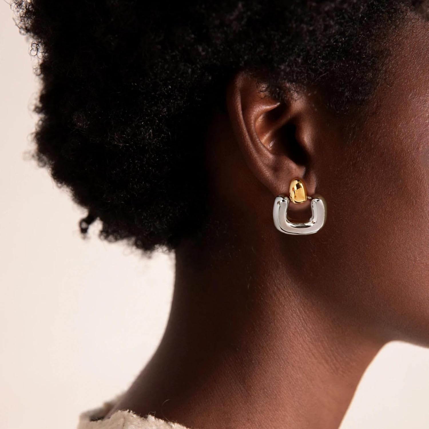 Gold And Silver Statement Earrings For Women Large Stud Two Toned Geometric Earring - Image 4