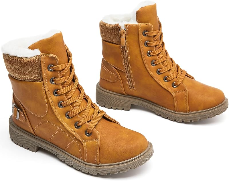 Botas de combate con cordones para mujer Botas de nieve de invierno Botines de tobillo con forro de piel cálida Botas de senderismo impermeables para mujer Zapatos de botas de cuero antideslizantes