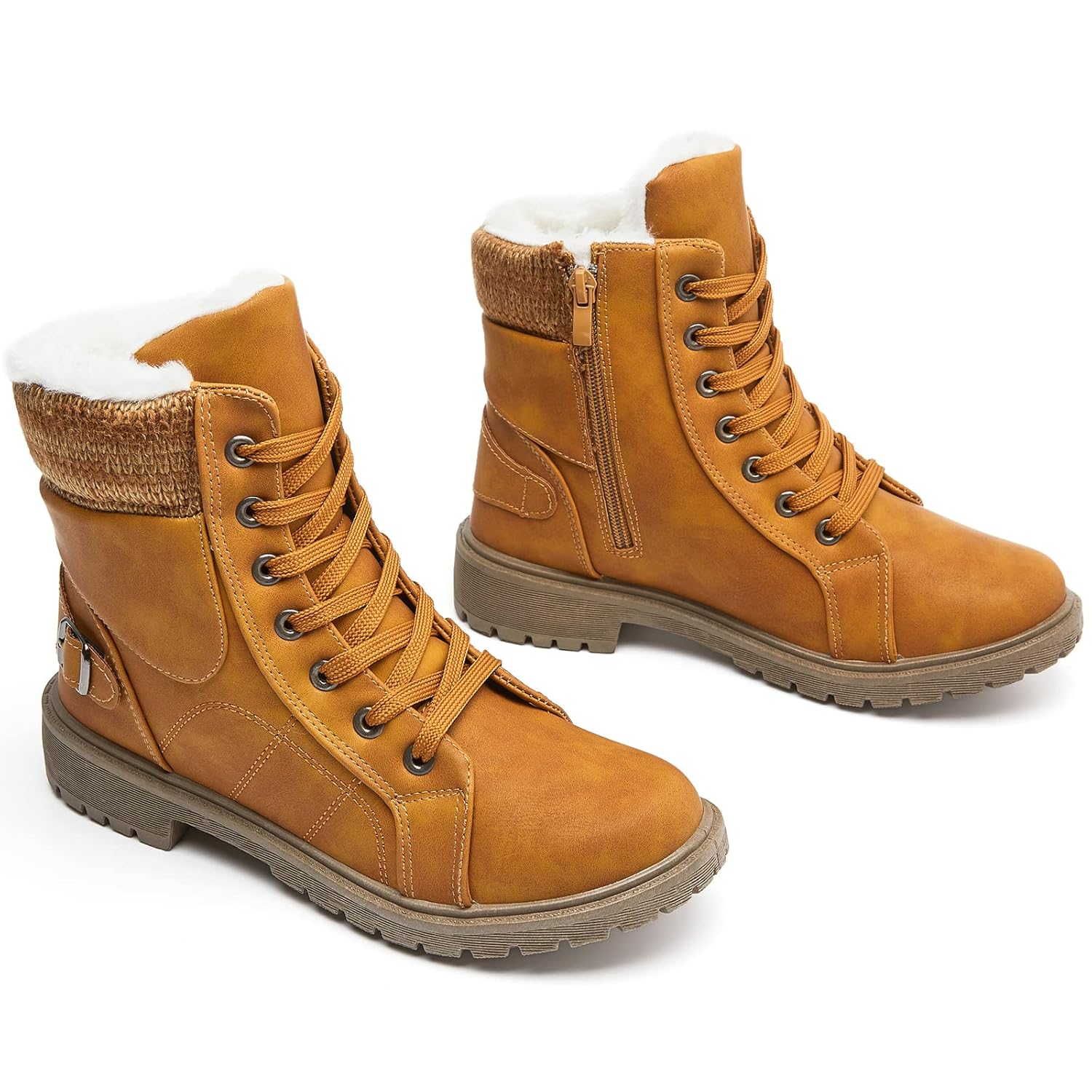 XRH Women Lace Up Combat Boot Winter Snow Boots Warm Fur Lined Ankle Booties Waterproof Hiking Boot for