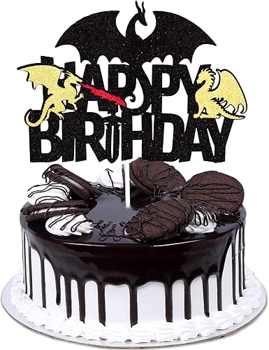Miniatura 1 de Decoración de pastel de dragón de feliz cumpleaños, dragón de fuego, decoración de pastel con purpurina negra, decoración de pastel de fiesta de