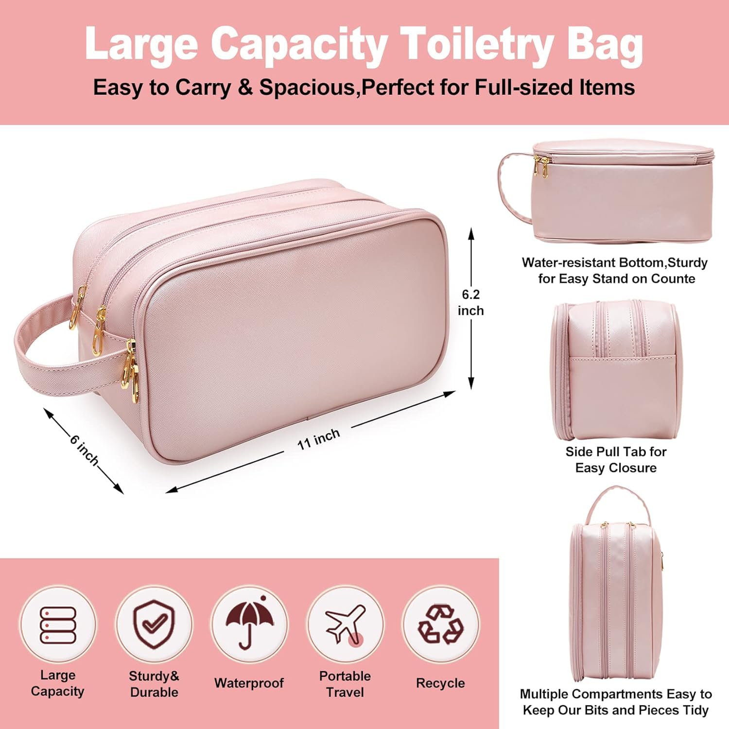 ABCHCHS Travel Toiletry Bag for Women- PU Leather Makeup Cosmetic Bag, Waterproof Organizer for Toiletries Accessories - Image 2