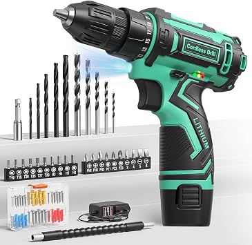 Cordless Drill Set,12V Power Drill Driver 3/8" Keyless Chuck with 92 Acessories, Built-in LED Light, 25+1 Position, Electric Drill for Home DIY ProjectsCyan