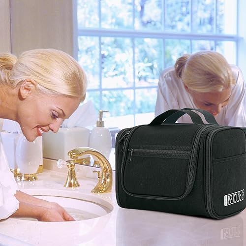 Miniatura 8 de WANDF Neceser colgante grande para viaje, organizador de maquillaje cosmético, resistente al agua, bolsa de baño para mujeres y hombres (negro)