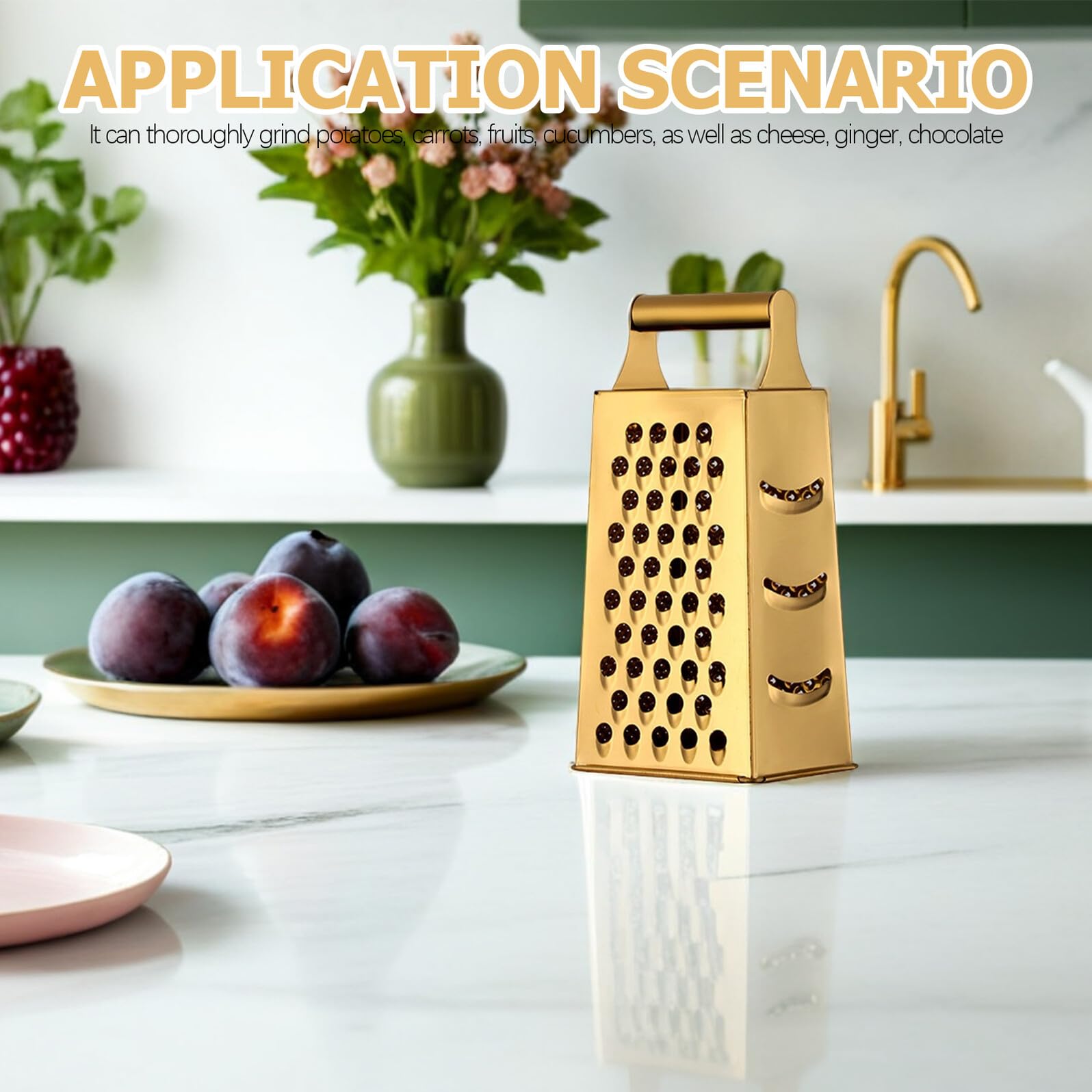 UKCOCO Grattugia Multifunzionale in Acciaio Inox a 4 Lati Per Verdure e Formaggio Design Dorato, Utile in Cucina Per Preparazioni Veloci e Facili Da Pulire