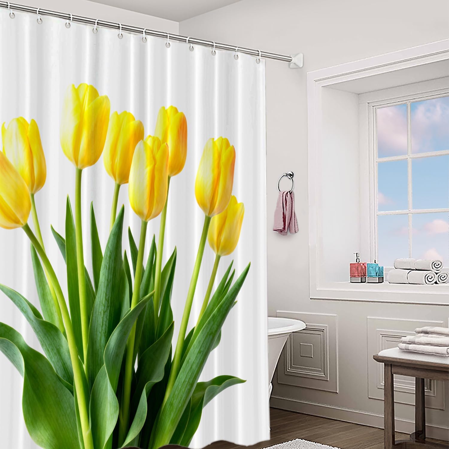 Yellow Romantic Floral Decor Shower Curtain,White Elegant Tulip Polyester Shower Curtain for Shower Stall Bathroom Waterproof with 10 Hooks 60x72 Inch