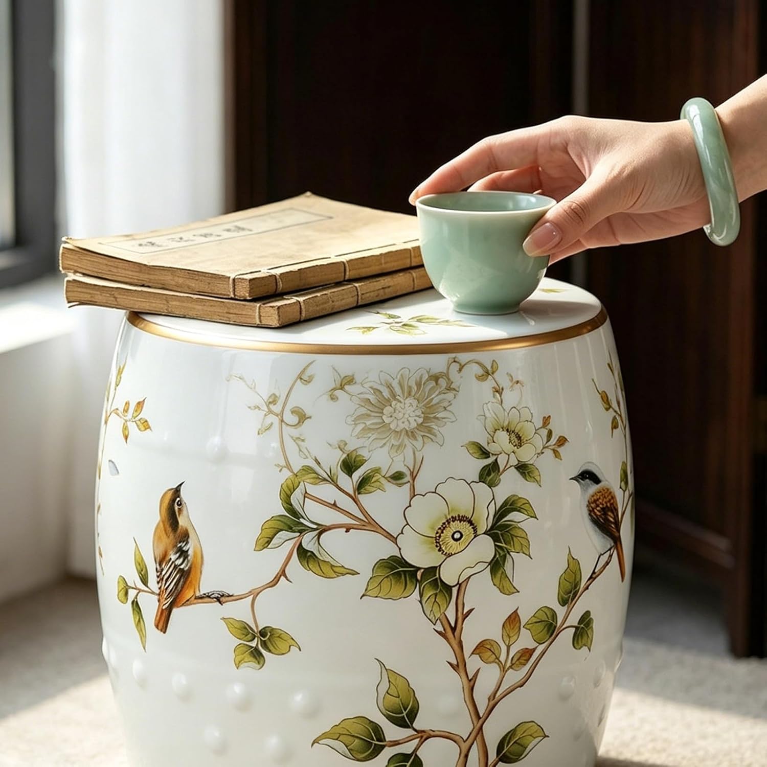 Decorative Drum Garden Stools, Ceramic Garden Stool, Modern Glazed Hand-Painted Bird and Plant for Living Room, Bedroom, Balcony, Patio(Red)(Red-A)