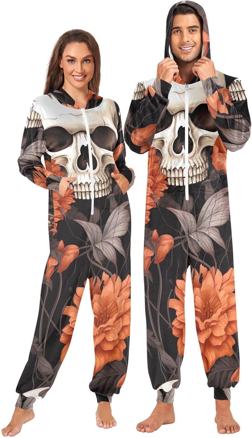 GAIREG Vintage Flowers Skulls Brown One-Piece Pajama Jumpsuits, Plush Pajama Onesie for Men's Women's