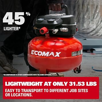 ECOMAX 6 Gal Pancake Air Compressor 175PSI, 3 CFM @ 90 PSI w/25 FT Air Hose