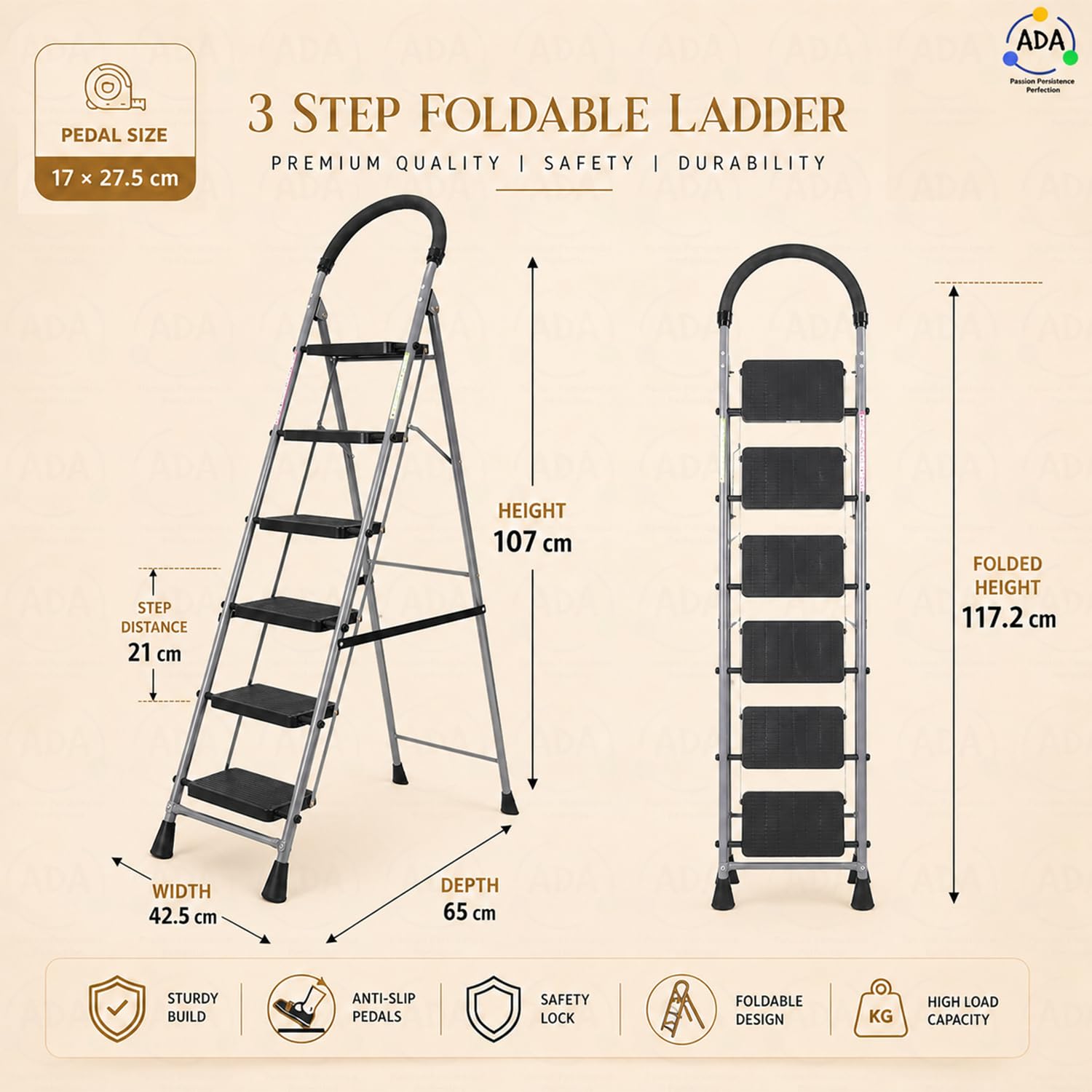 ADA Premium 6 Step Ladder - Heavy Duty & Foldable -5