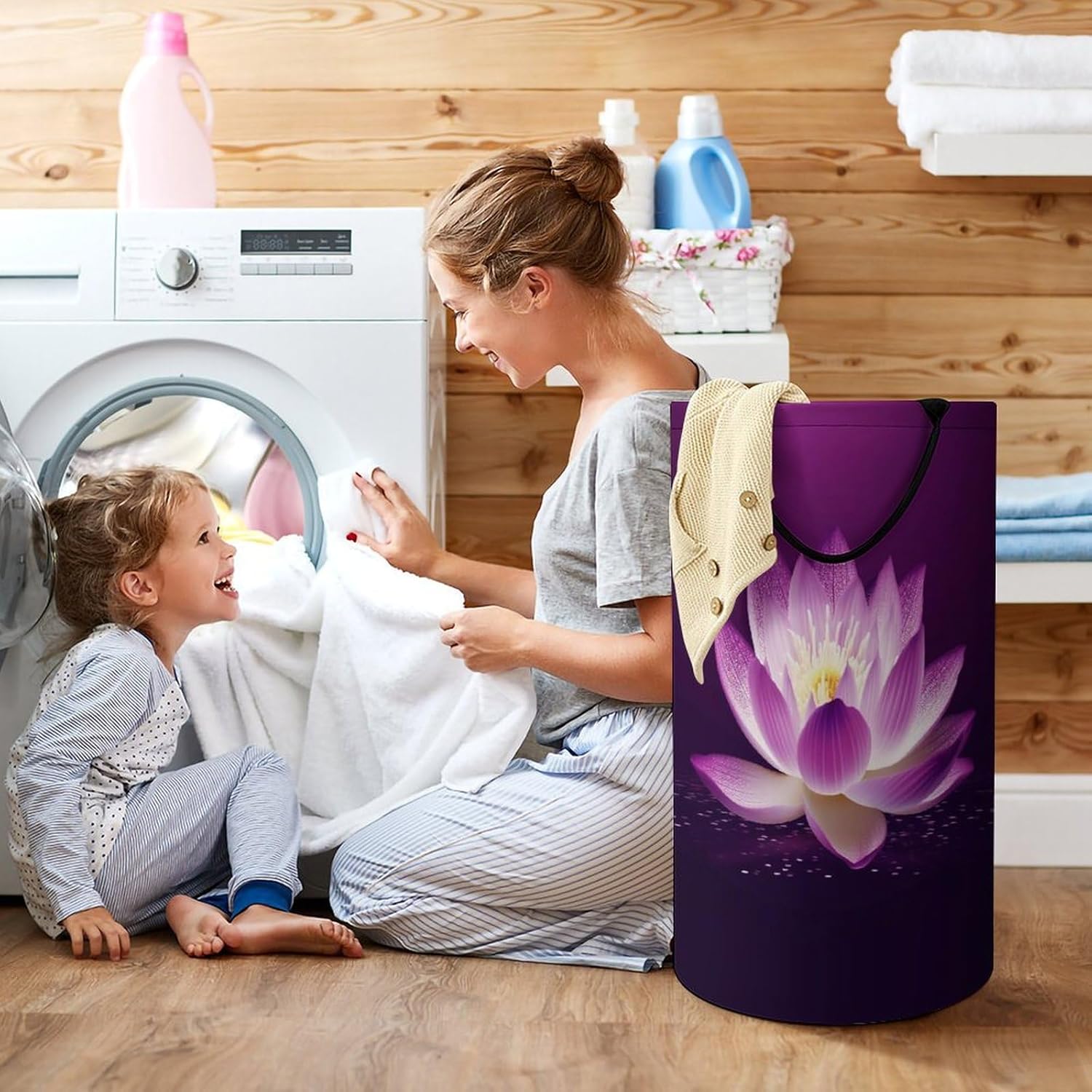 Large Laundry Hamper with Handle Waterproof Laundry Basket Collapsible Dirty Clothes Hamper Purple Flower Laundry Bag for Clothes Toys in Bedroom 15.7x27.2 In