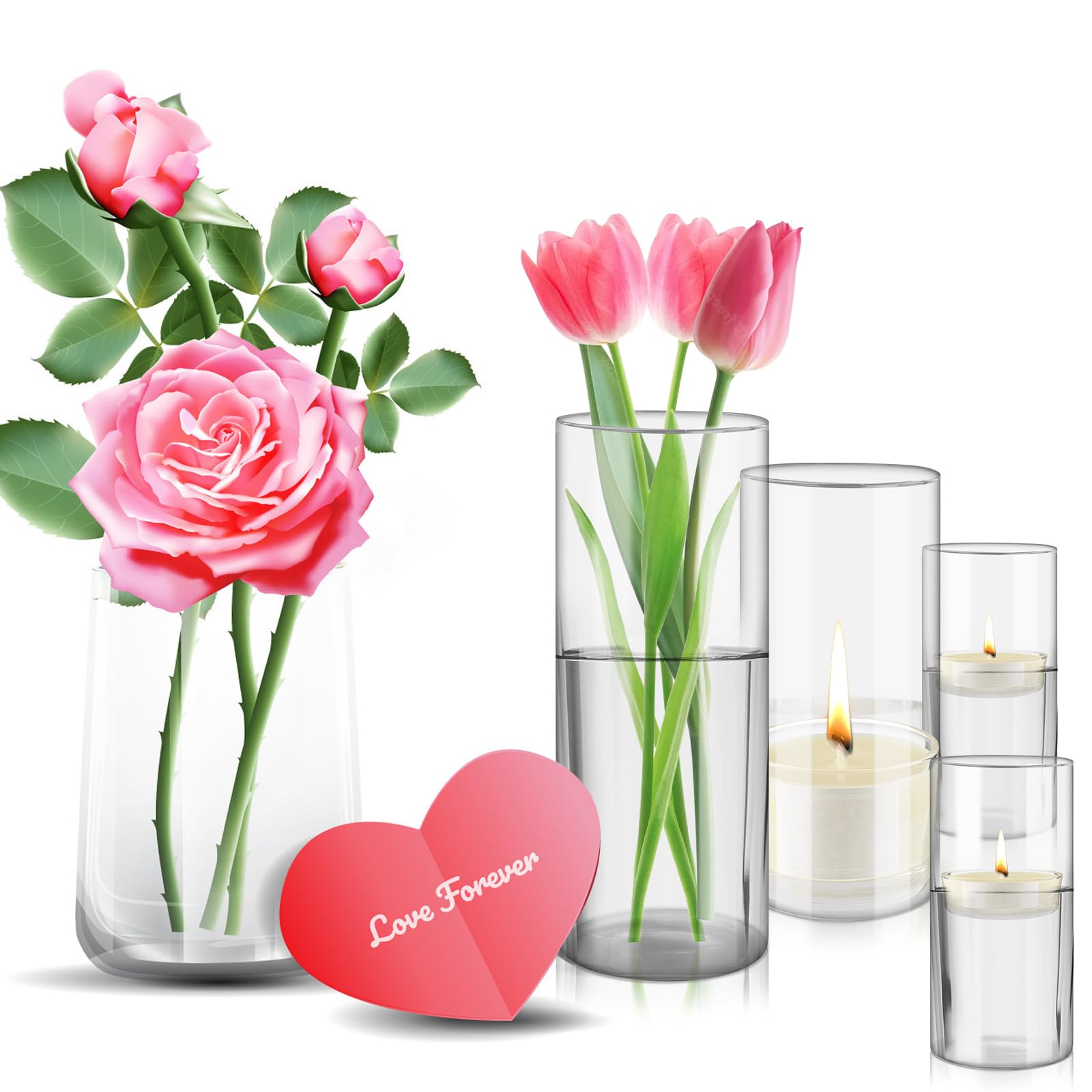 4 Pezzi Portacandele Cilindrici in Vetro, Porta Candele Trasparente, Vasi Candelabri, Vaso per Fiori per Matrimoni, Decorazioni, Sala da Pranzo, Feste e Centrotavola