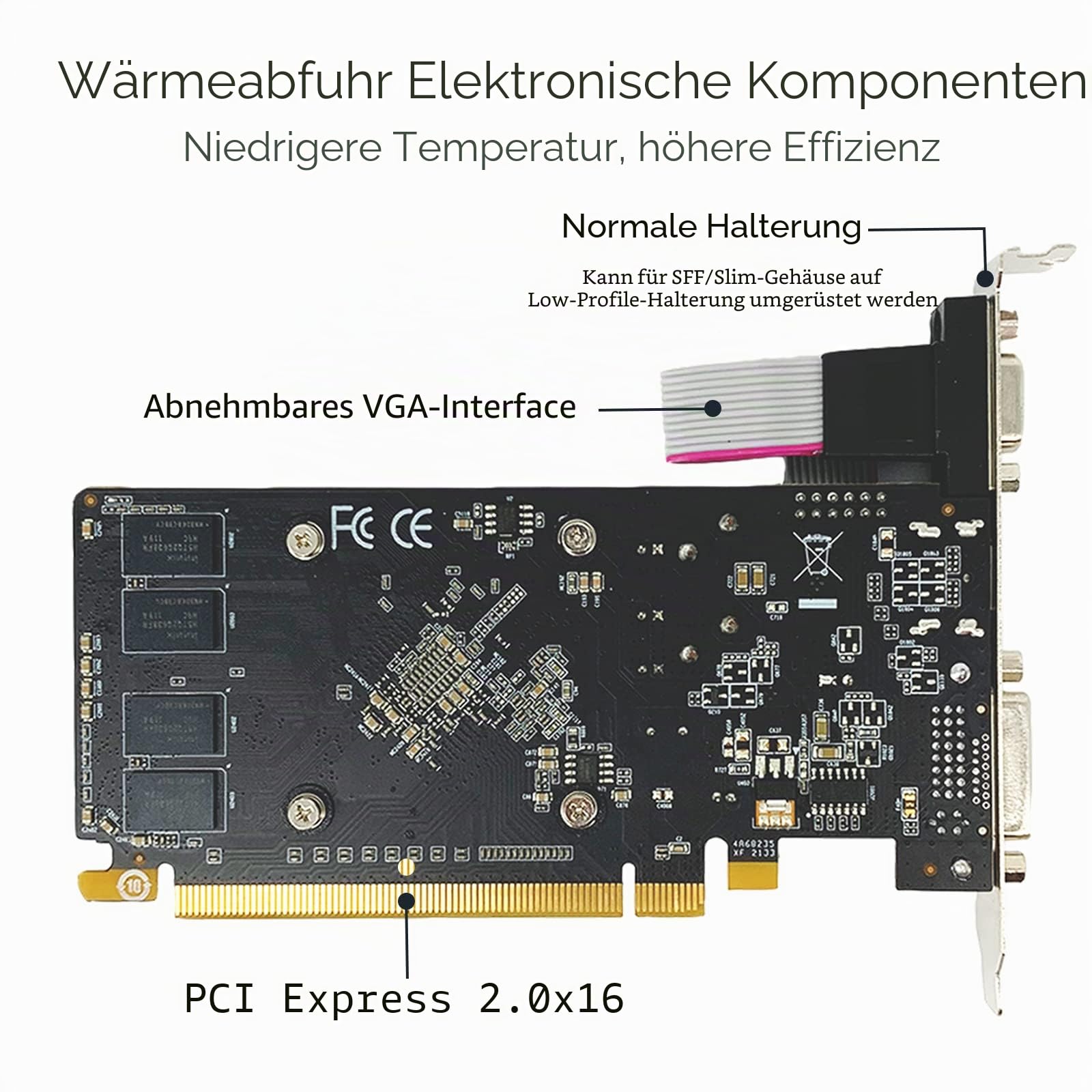 QTHREE Radeon HD 5450 Grafikkarte, 2 GB, GDDR3, 64 Bit, DVI HDMI VGA, Low Profile, PCI Express x16, Grafikkarte für PC, GPU, DirectX 11, unterstützt 2 Monitore