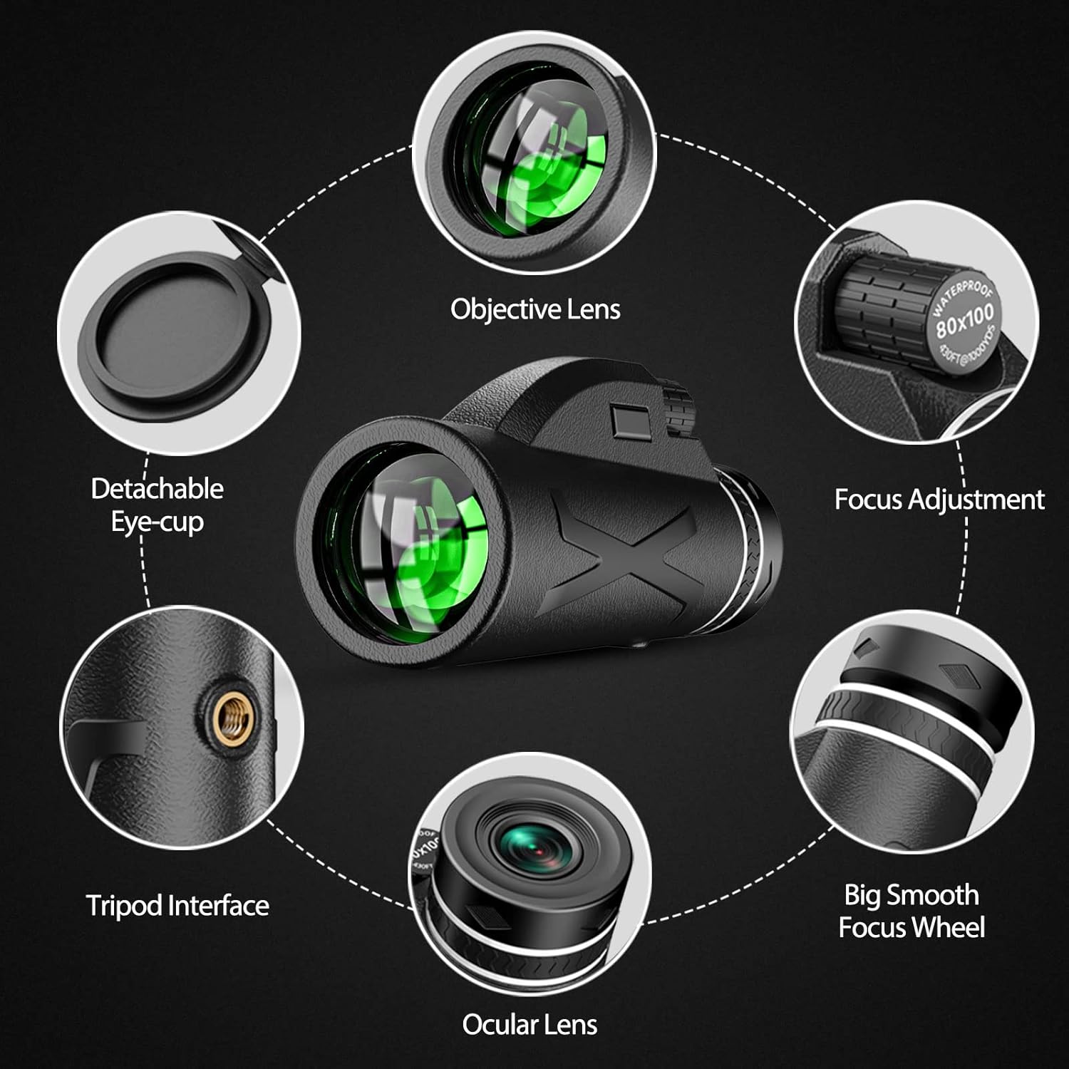 80X100 Monocular Telescope - with Smartphone Stand & Tripod, High Power Monocular HD Bifocal Scope Portable Waterproof & Anti-Fog, BAK4 Prism for Animal Bird Watching Hunting Camping Tourist Scenery : Electronics