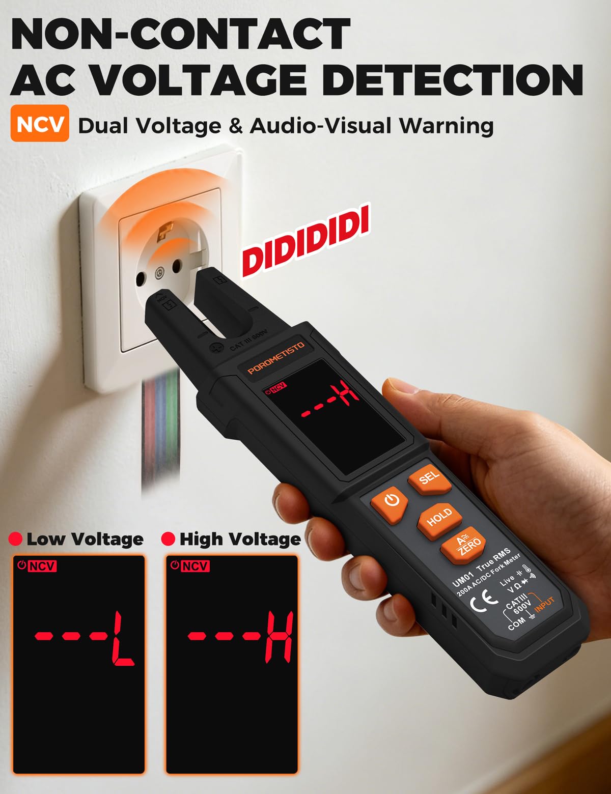 Pinza Amperometrica Professionale UM01 Morso a U POROMETISTO 4000 TRMS | Milliampere Multimetro Digitale Autorange, Auto-ID AC/DC, NCV, Live, Resistenza, Capacità, Temperatura, 1000V Tester