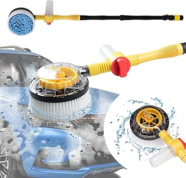 Rotating Car Wash Brush with Hose Attachment, Soft Chenille Microfiber Bristle Car Cleaning Brush Wash Mop Scrub Brush, Long Handle Car Washing Brush Kit with Soap Dispenser Yellow