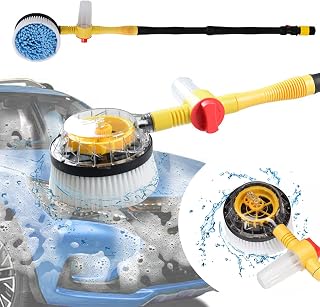 Practisol Rotating Car Wash Brush with Hose Attachment, Soft Chenille Microfiber Bristle Car Cleaning Brush Wash Mop Scrub Brush, Long Handle Car Washing Brush Kit with Soap Dispenser (Yellow)