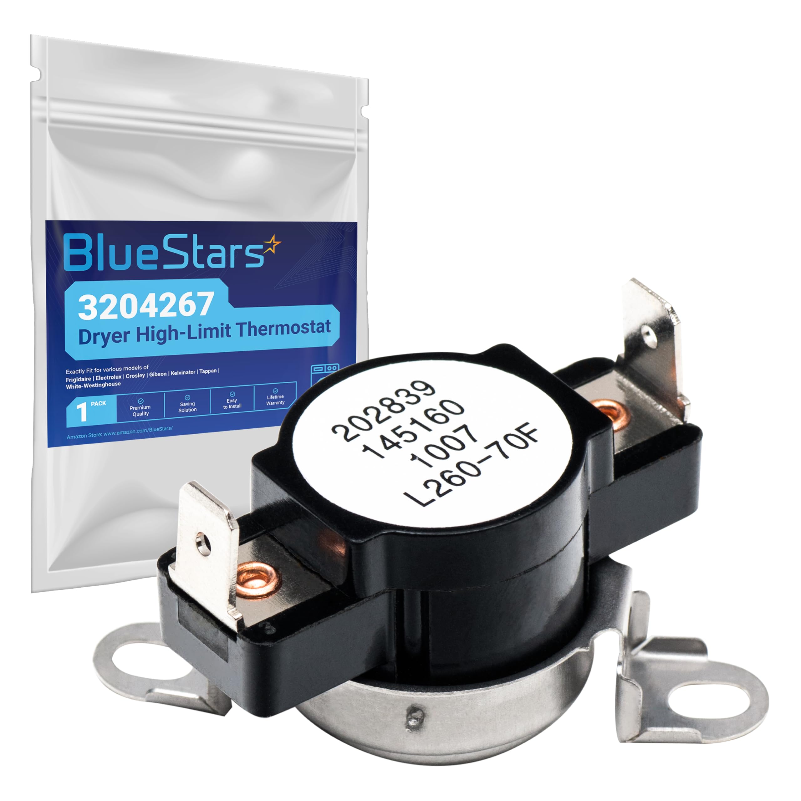 BlueStars 3204267 Dryer Safety Thermostat Replacement - Compatible with Frigidaire Kenmore Electrolux Dryers - Replaces 508516 73204267 AP213147