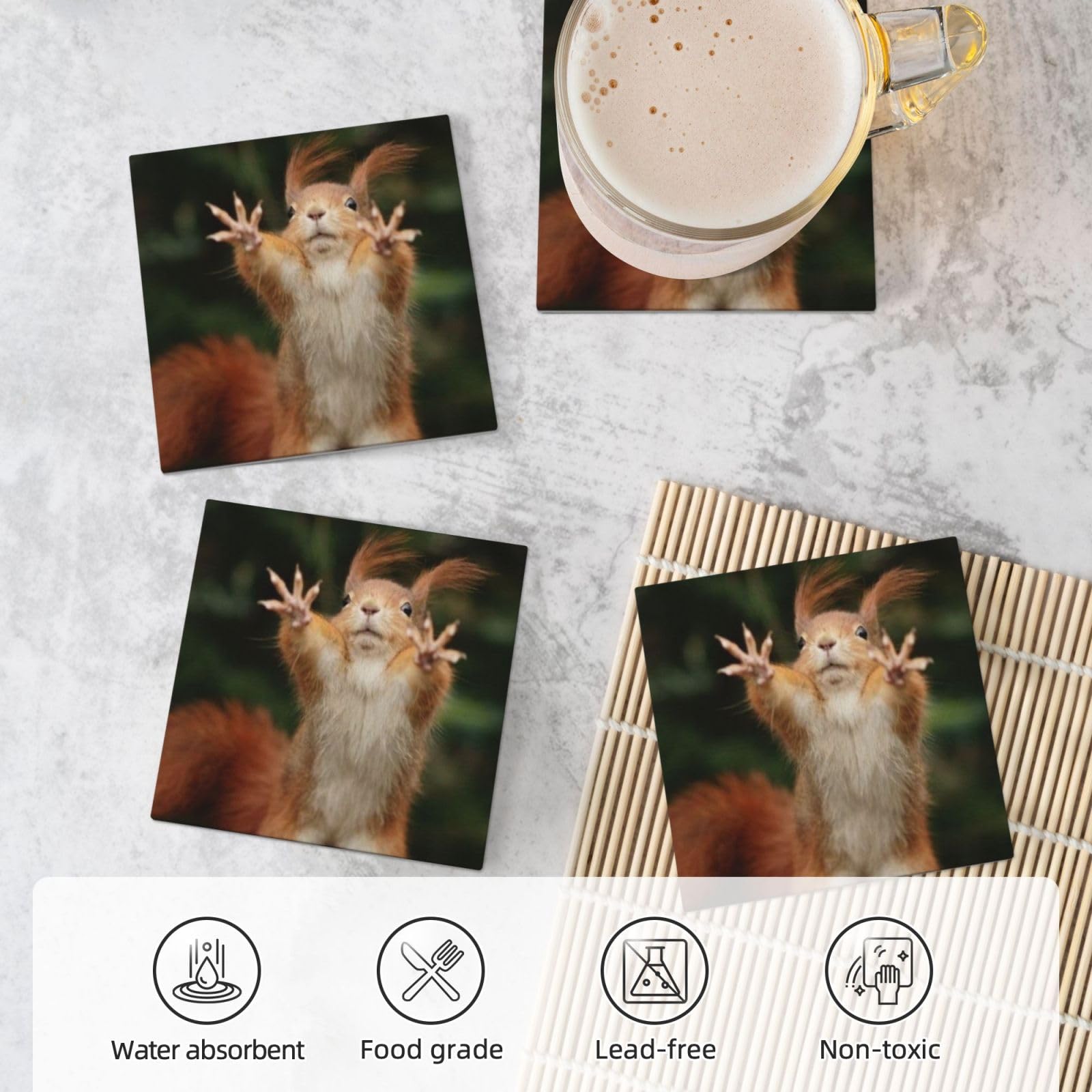 Set di 4 sottobicchieri in ceramica con stampa di scoiattolo divertente con animali