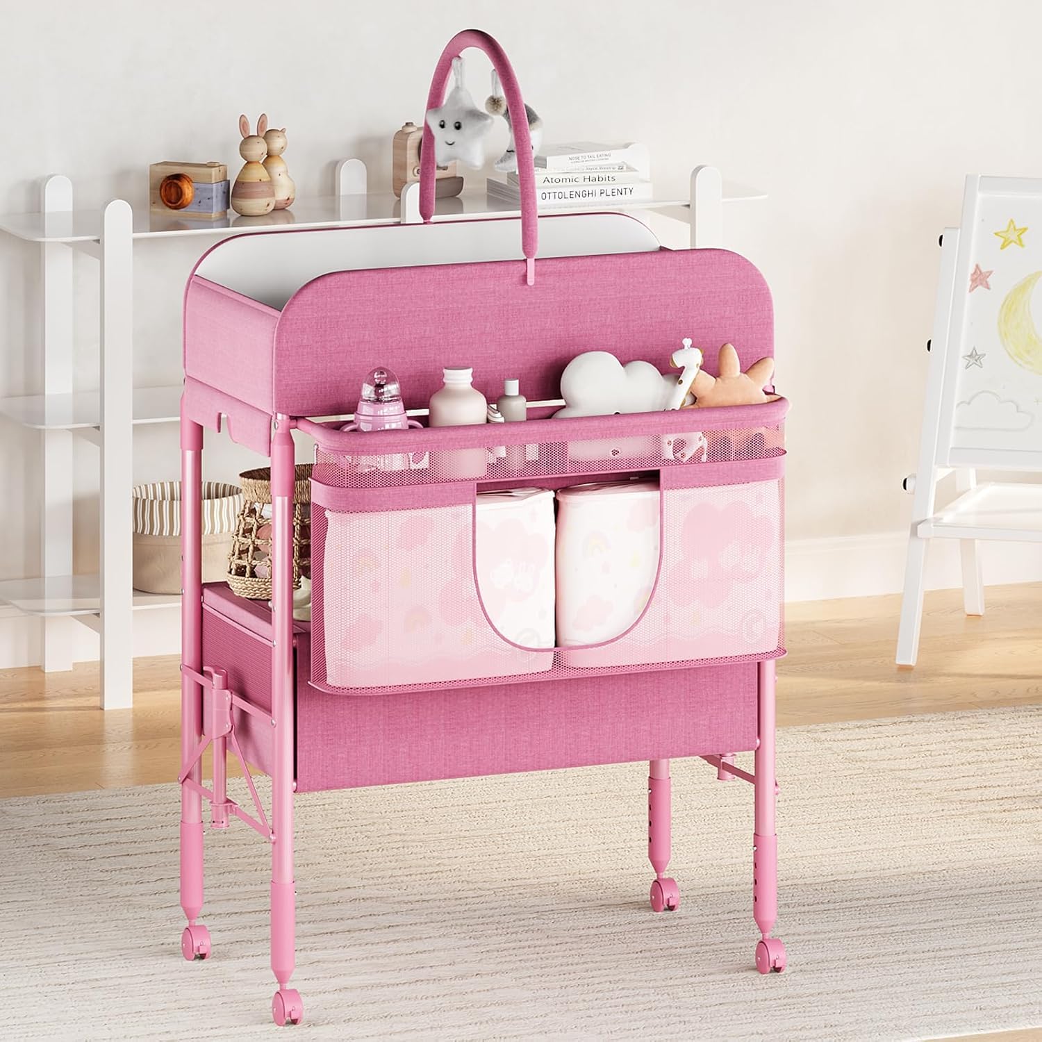 Garvee Mueble Cambiador De Bebé Multifuncional Con 2 Cajones, Mesa De Pañales Para Bebés Con Altura Ajustable y Ruedas, Estación De Cuidado Infantil Con Gran Almacenaje y Estantes