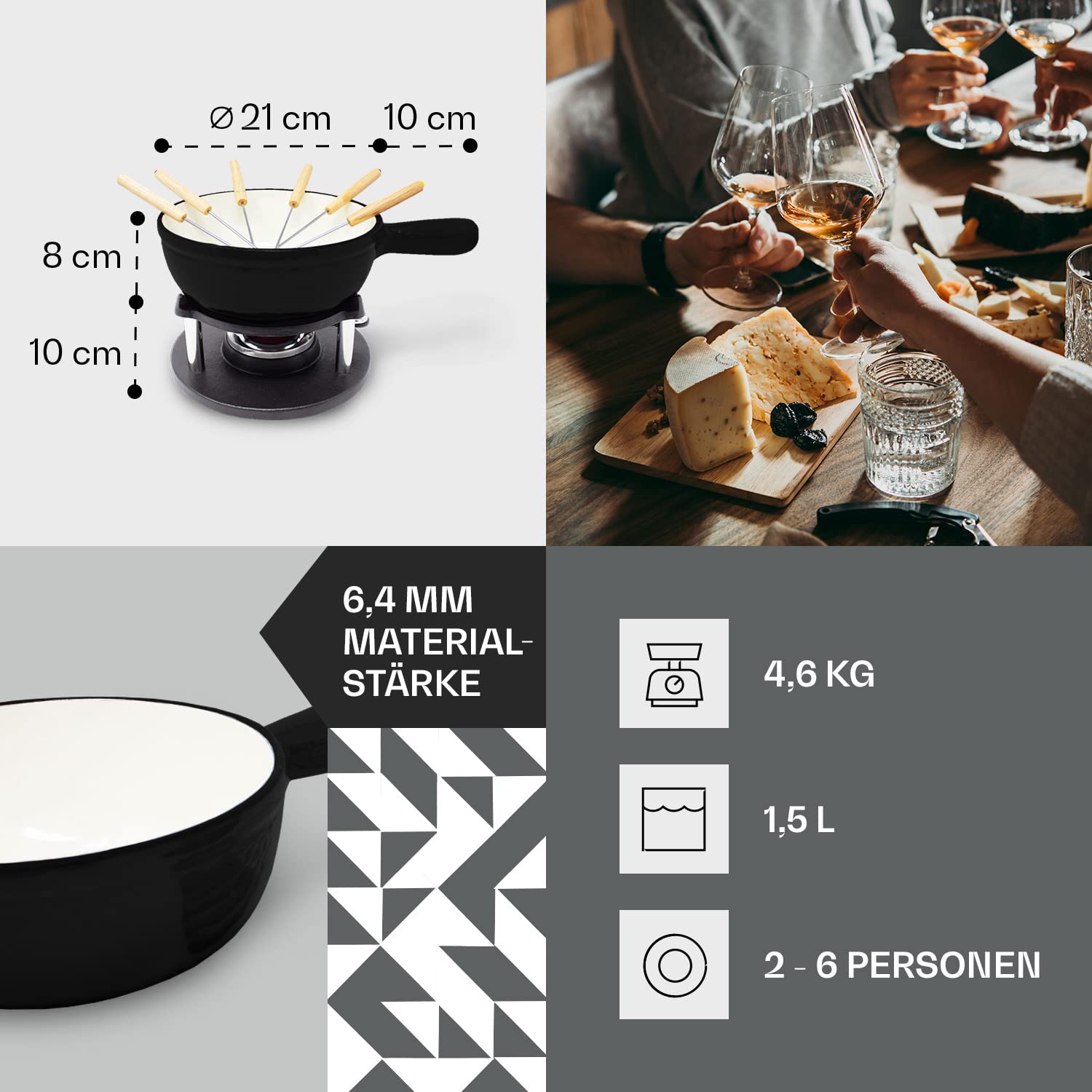 Fondueset inklusive 6 Fondue Gabeln | Käsefondue mit Stövchen 1,5L | Emailliertes Fondue für Fleisch geeignet | Gusseisen Fondue auch mit Brühe einsetzbar | Schokofondue Farbe: schwarz