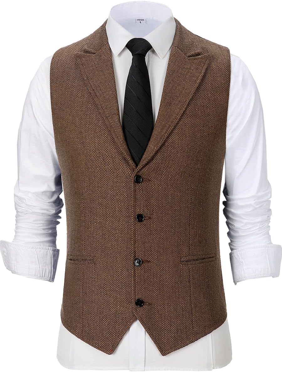 Men's Tweed Suit Notch Lapel Vintage Business Vest Herringbone Wool Prom Waistcoat Groomsmen XS-4XL - Image 4