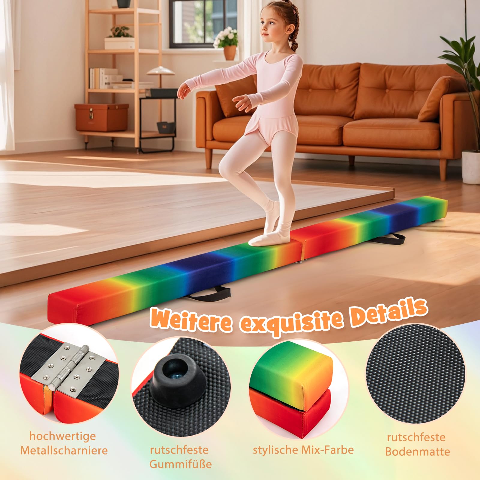 GYMAX Viga de Gimnasia Plegable de 210/240/270 cm, Barra de Equilibrio con Base Antideslizante, Marco de Madera de Pino, Asa para Transportar, Espuma Extra Firme, para Niños