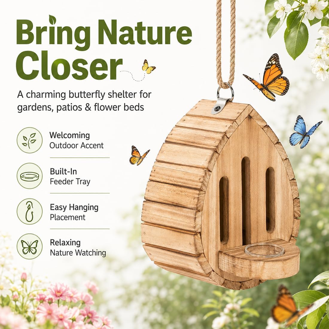 Schmetterlingshaus, Schmetterlingshotel aus Holz mit Seil & Futterstation, Bienenhotel Wetterfest, Wildbienen Nisthilfe, Insektenhotel für Bienen, Marienkäfer, Schmetterling Garten，2 Stück