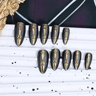 Dark Halloween Press on Nails Medium Almond Fake Nails Gold Bone Design Glossy False Nail Tips Halloween Press on Full Cover Gothic Glue Women Black False Finger Claws Halloween Nail Art Supplies Kit