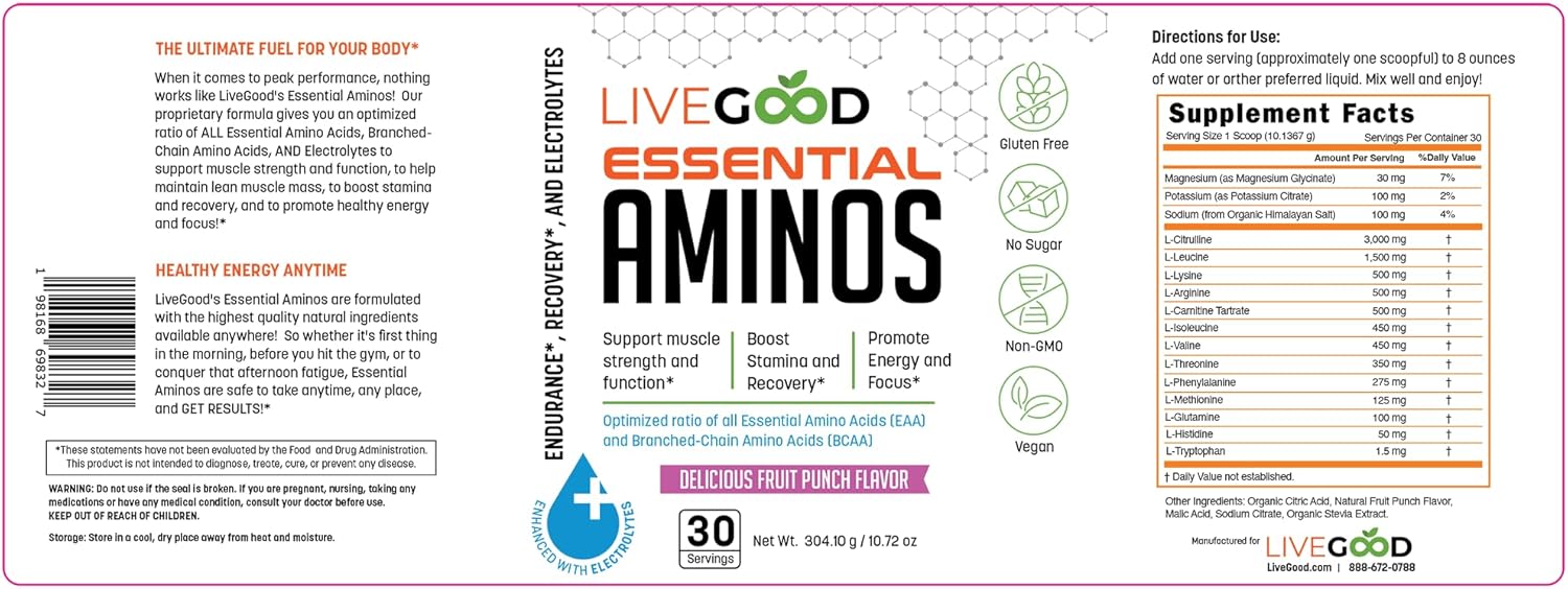 LIVEGOOD Essential Aminos | Essential Amino Acid Formula with BCAAs & Electrolytes | Lean Muscle Support, Recovery & Stamina | Sugar Free, Caffeine Free, Vegan | Fruit Punch