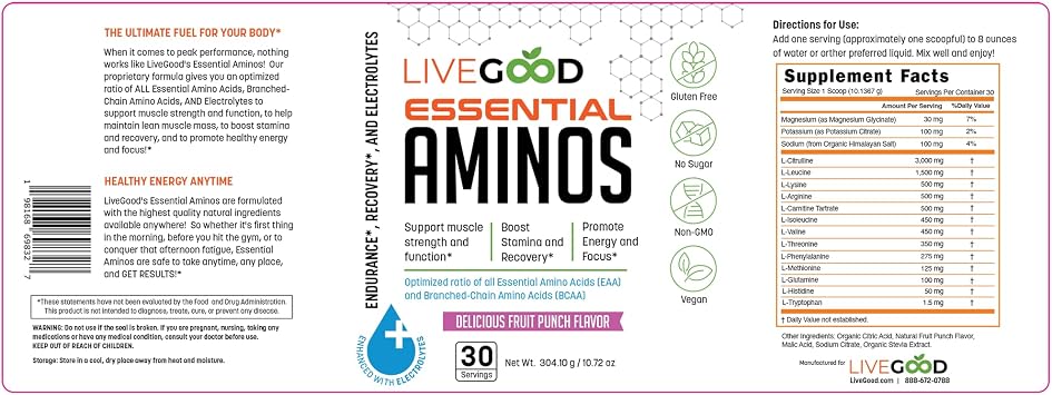 LIVEGOOD Essential Aminos | Essential Amino Acid Formula with BCAAs & Electrolytes | Lean Muscle Support, Recovery & Stamina | Sugar Free, Caffeine Free, Vegan | Fruit Punch