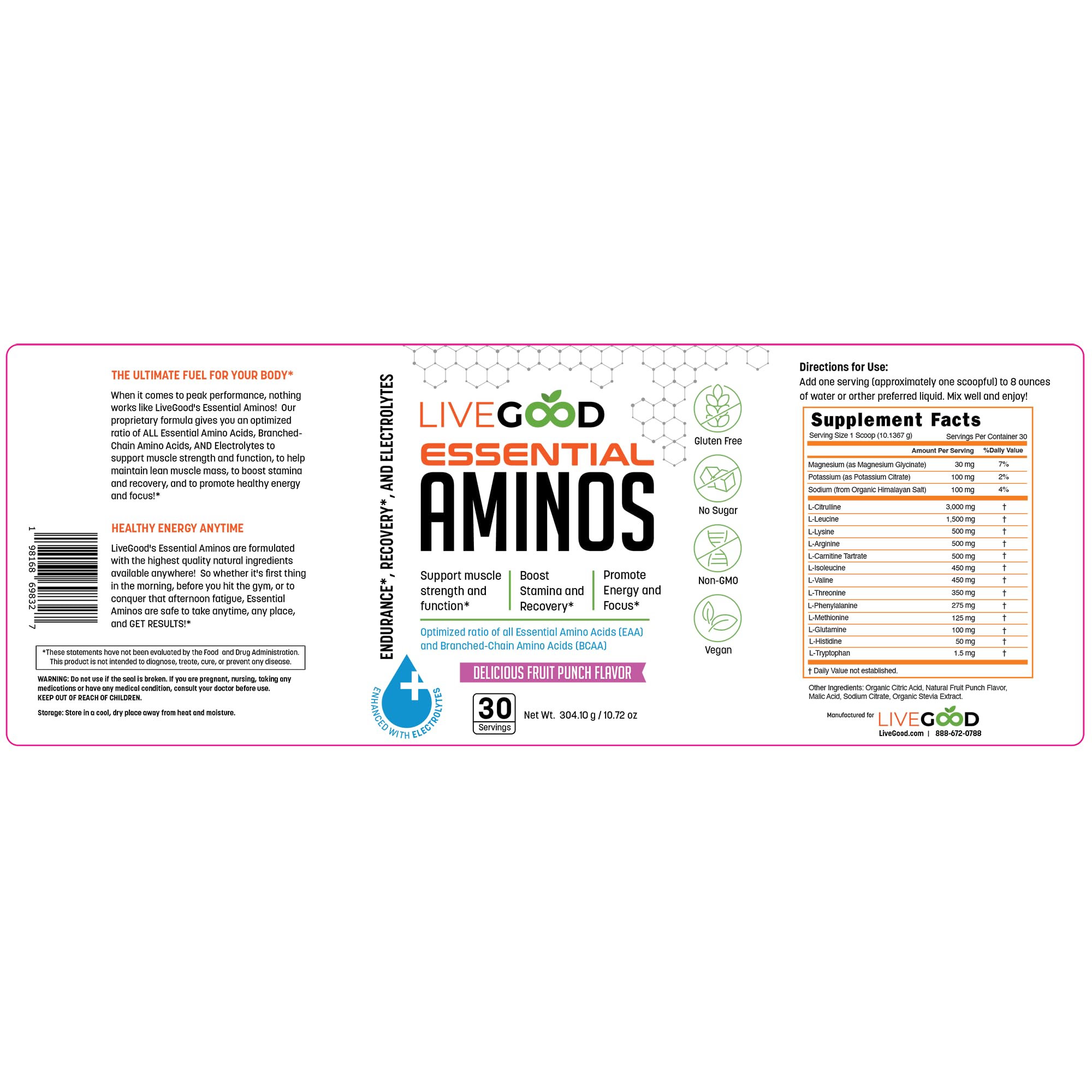 LIVEGOOD Essential Aminos | Essential Amino Acid Formula with BCAAs & Electrolytes | Lean Muscle Support, Recovery & Stamina | Sugar Free, Caffeine Free, Vegan | Fruit Punch — Amazon image 2